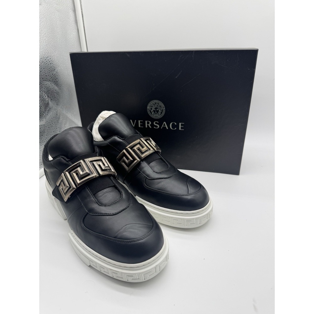 Versace Greca Strap Black‎ Leather Low Top Sneakers Mens White Sole Italy